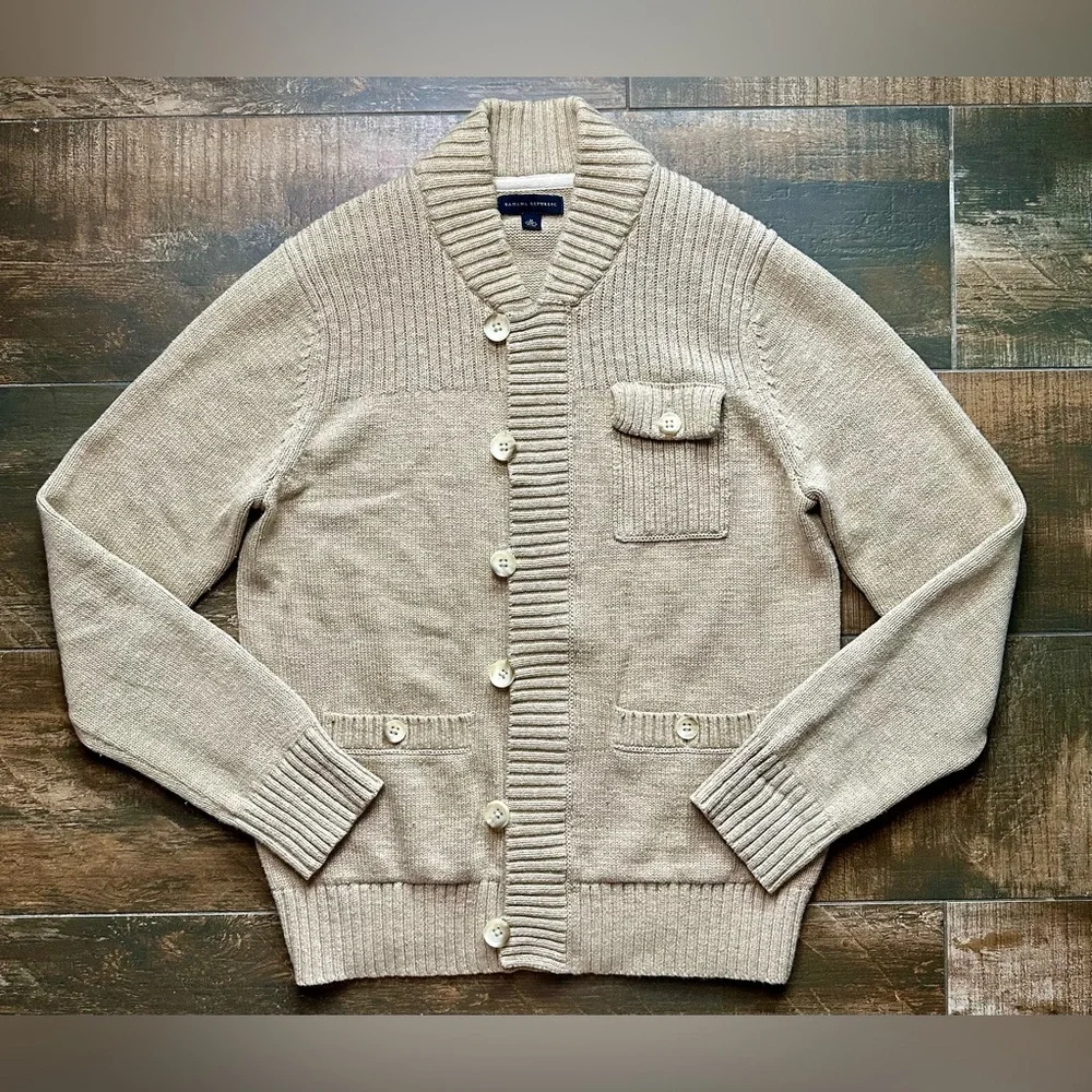 Banana Republic Men’s Shawl Collar Cardigan Sweater Beige Cotton M - Picture 2 of 9